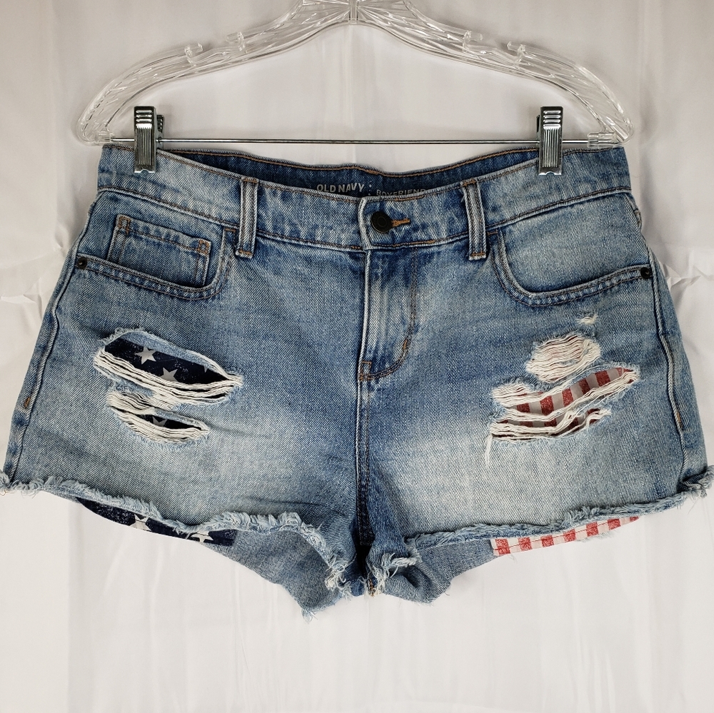Old Navy Boyfriend Patriotic Flag Strips & Stars Peek A Boo Pockets Shorts Sz 6.